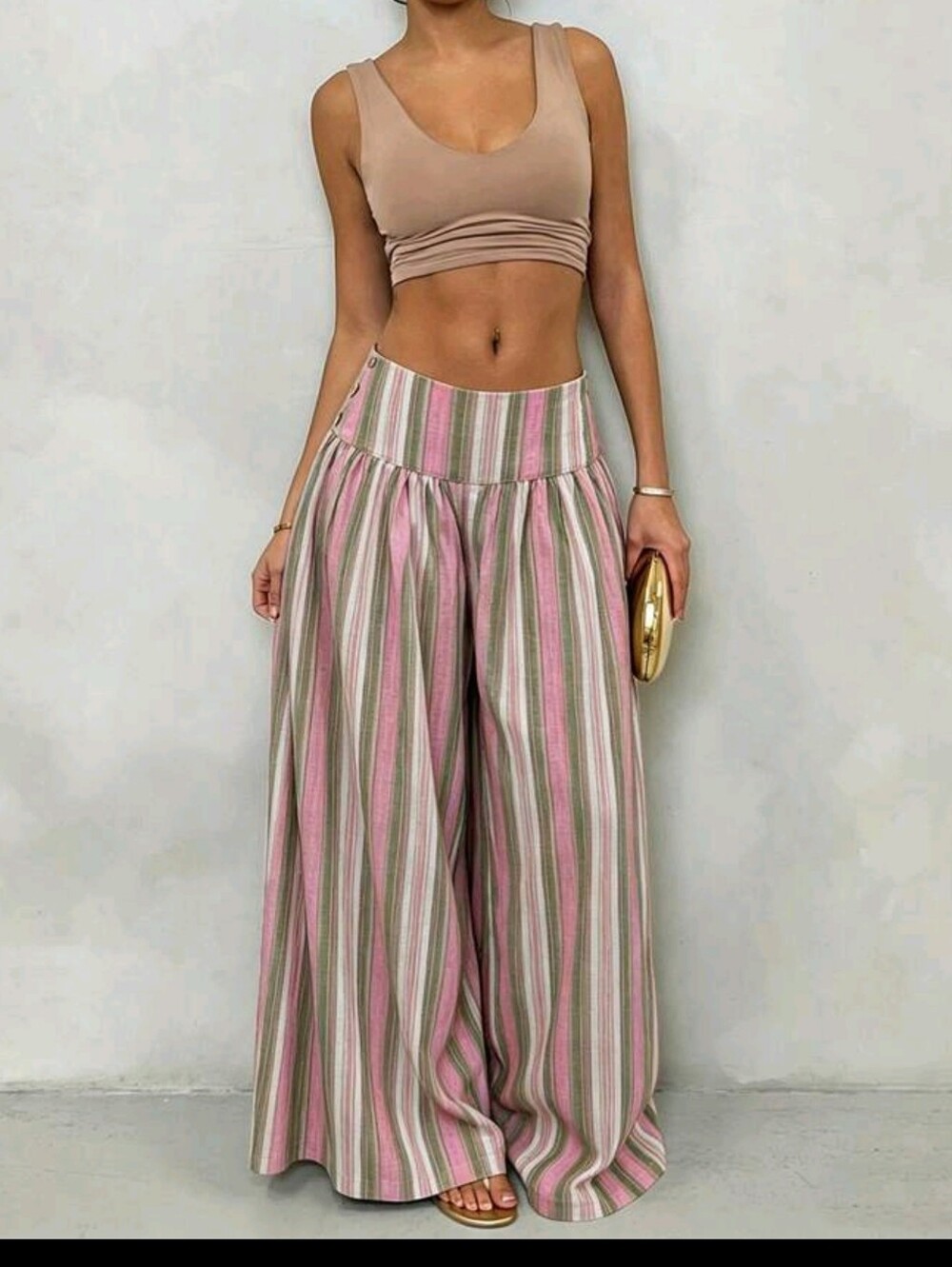 Striped Wide-Leg Palazzo Pants - Pink & Green - Picture 4 of 5